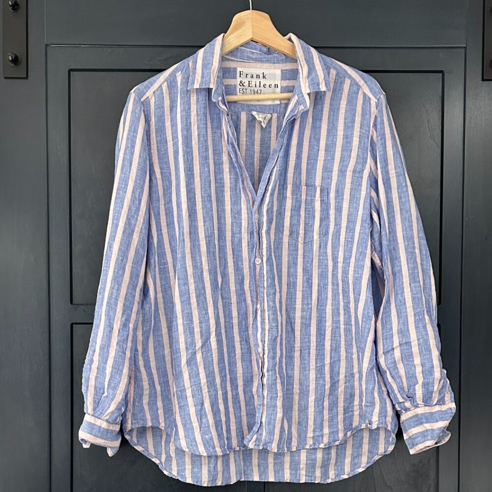 Frank & Eileen Women's Linen Eileen Style Shirt - Size M, Blue & Pink Stripes